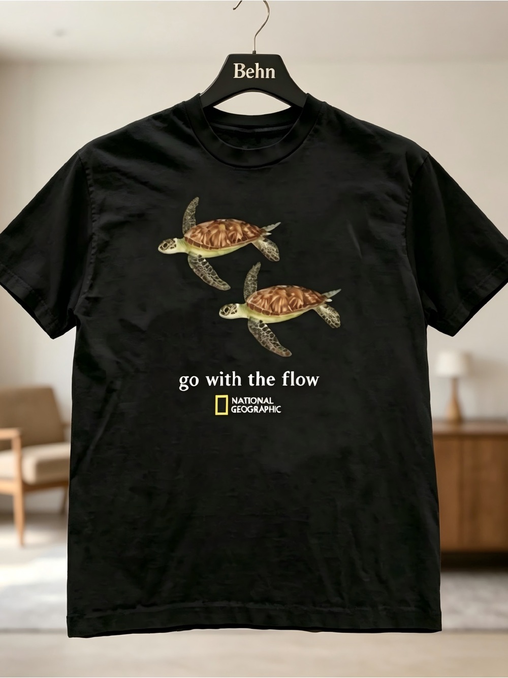 National Geographic Black Womens Mens T-shirt Unisex with Brown Sea Turtle Motif